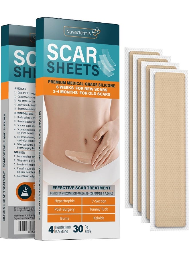 Nuvadermis Silicone Scar Sheets - Dermatologically Tested In Usa - As Surgical Cream, Gel, Tape, Strips, Patches - Keloid, C-Section, Tummy Tuck - Surgery Scars Removal Treatment - 4 Pack 5.7"X1.57" - Image 1
